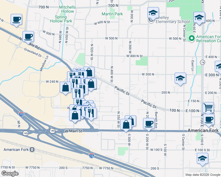 map of restaurants, bars, coffee shops, grocery stores, and more near 399 Pacific Drive in American Fork