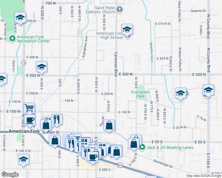 map of restaurants, bars, coffee shops, grocery stores, and more near 220 Robinson Avenue in American Fork