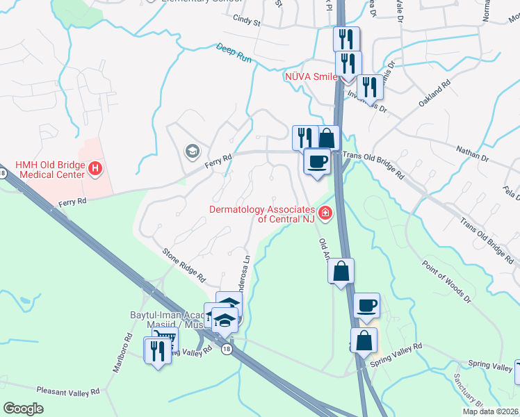 map of restaurants, bars, coffee shops, grocery stores, and more near 6 Willow Drive in Old Bridge