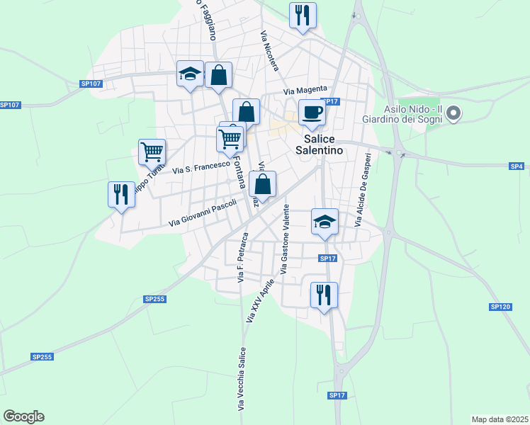map of restaurants, bars, coffee shops, grocery stores, and more near 71 Via Cairoli in Salice Salentino