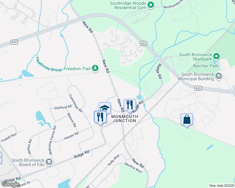 map of restaurants, bars, coffee shops, grocery stores, and more near 356 New Road in South Brunswick Township