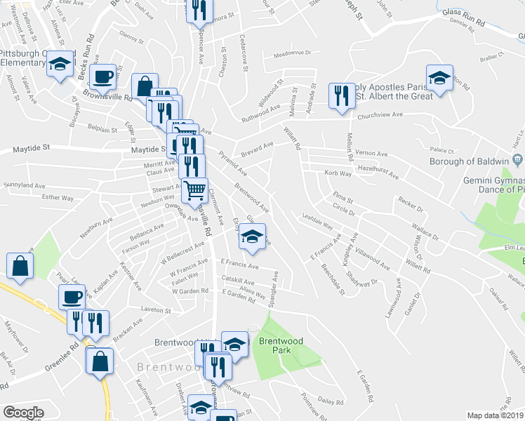 map of restaurants, bars, coffee shops, grocery stores, and more near 3042 Brentwood Avenue in Pittsburgh