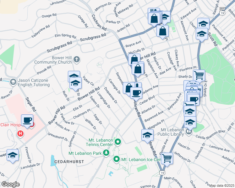 map of restaurants, bars, coffee shops, grocery stores, and more near 456 Carnegie Drive in Pittsburgh