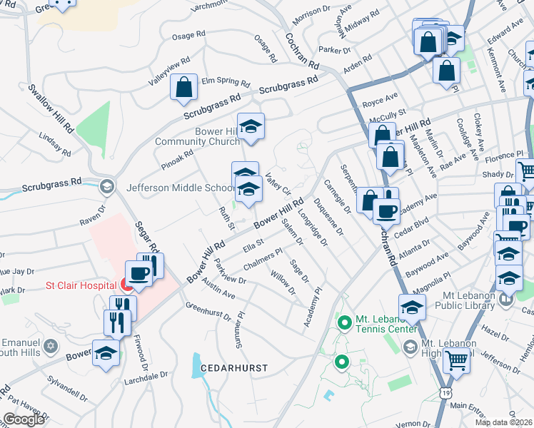 map of restaurants, bars, coffee shops, grocery stores, and more near 792 Bower Hill Road in Pittsburgh