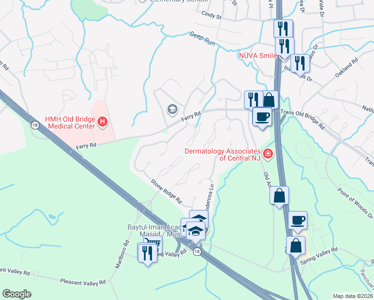 map of restaurants, bars, coffee shops, grocery stores, and more near 19 Emerald Lane in Old Bridge