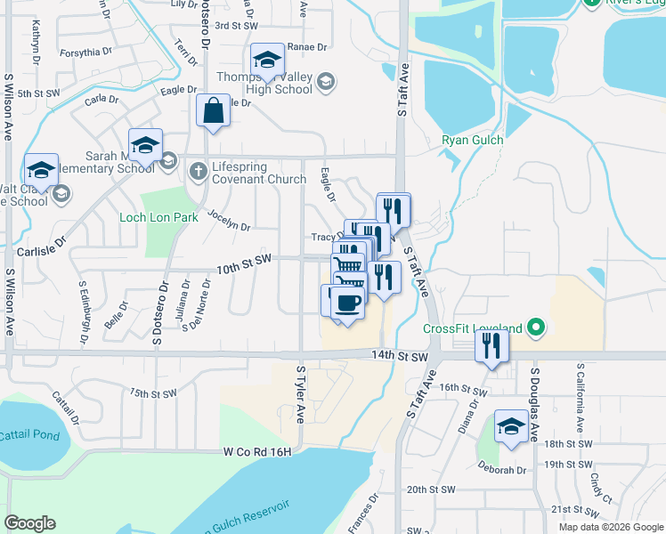 map of restaurants, bars, coffee shops, grocery stores, and more near 1616 10th Street Southwest in Loveland