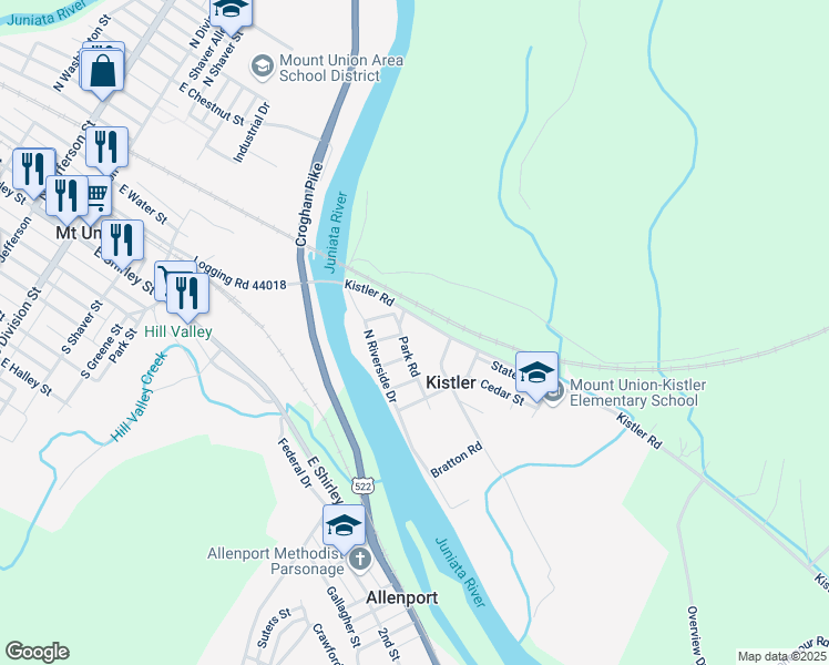 map of restaurants, bars, coffee shops, grocery stores, and more near 140 Kistler Road in Mount Union