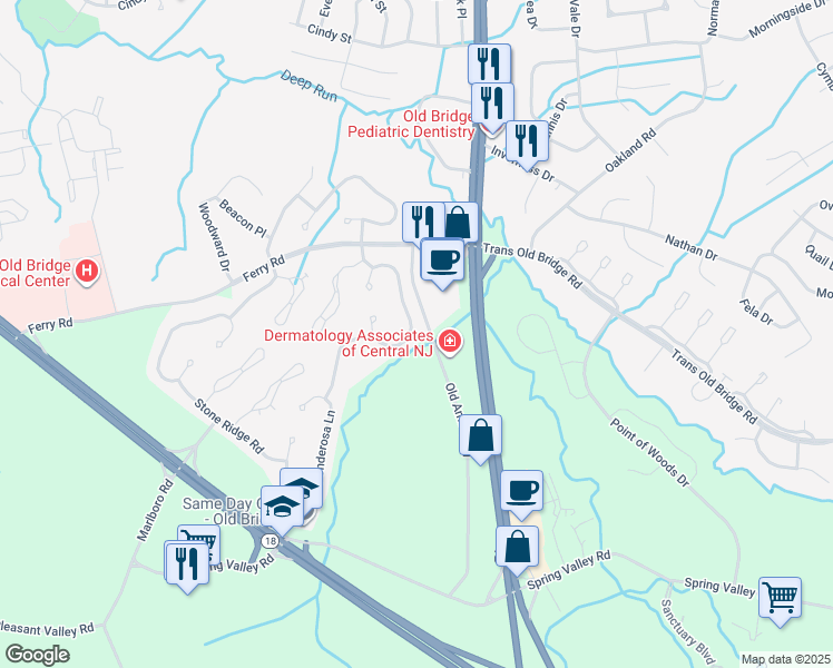 map of restaurants, bars, coffee shops, grocery stores, and more near 28 La Valencia Road in Old Bridge