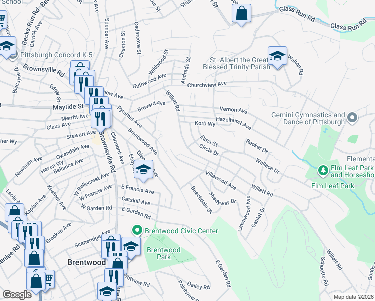 map of restaurants, bars, coffee shops, grocery stores, and more near 3104 Willett Road in Pittsburgh