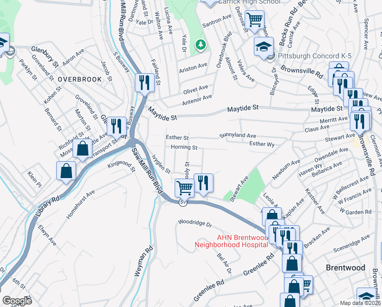 map of restaurants, bars, coffee shops, grocery stores, and more near 75 Mullooly Street in Pittsburgh