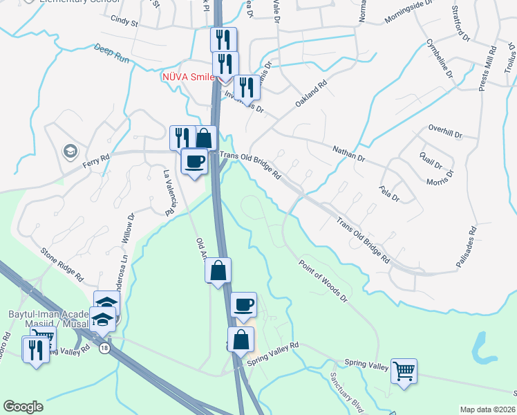 map of restaurants, bars, coffee shops, grocery stores, and more near 19 Amber Drive in Old Bridge Township