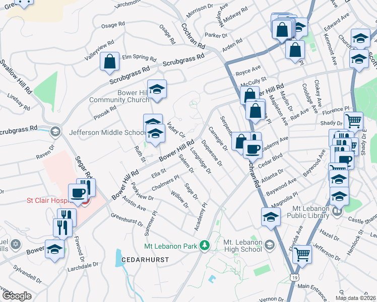 map of restaurants, bars, coffee shops, grocery stores, and more near 406 Longridge Dr in Pittsburgh