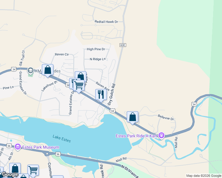 map of restaurants, bars, coffee shops, grocery stores, and more near 1861 Dry Gulch Road in Estes Park