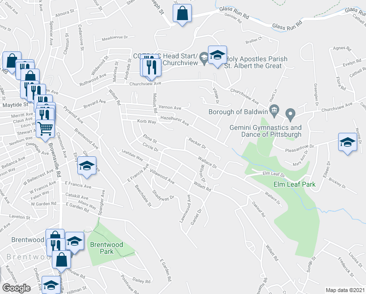 map of restaurants, bars, coffee shops, grocery stores, and more near 3321 Wallace Drive in Pittsburgh