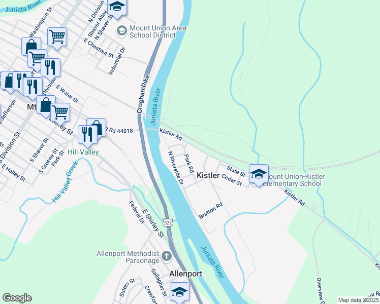 map of restaurants, bars, coffee shops, grocery stores, and more near 140 Kistler Road in Mount Union