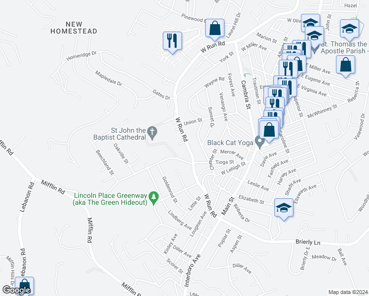 map of restaurants, bars, coffee shops, grocery stores, and more near 3816 West Run Road in Munhall