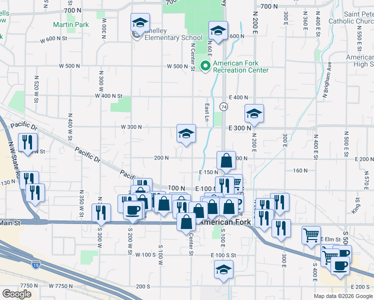 map of restaurants, bars, coffee shops, grocery stores, and more near 28 West 200 North Street in American Fork
