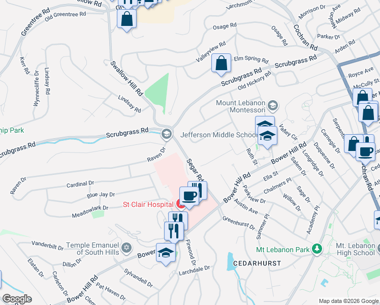 map of restaurants, bars, coffee shops, grocery stores, and more near 986 Segar Road in Pittsburgh
