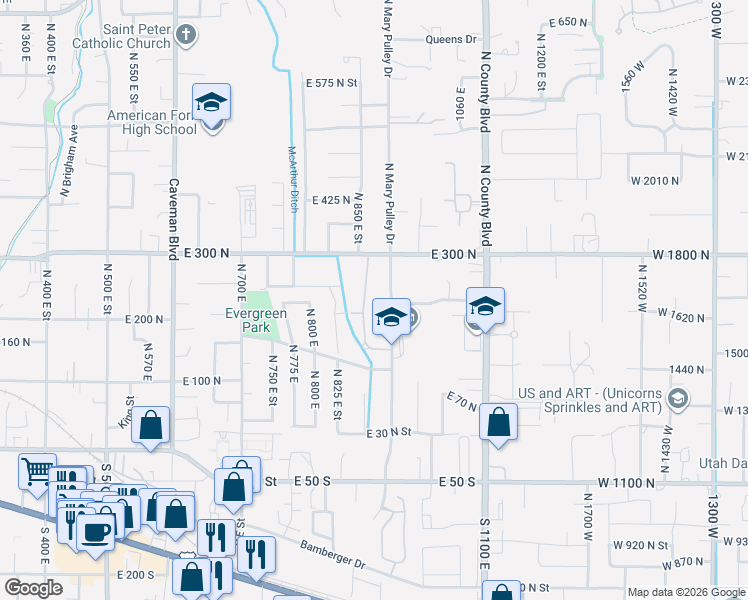 map of restaurants, bars, coffee shops, grocery stores, and more near 232 North 860 East in American Fork
