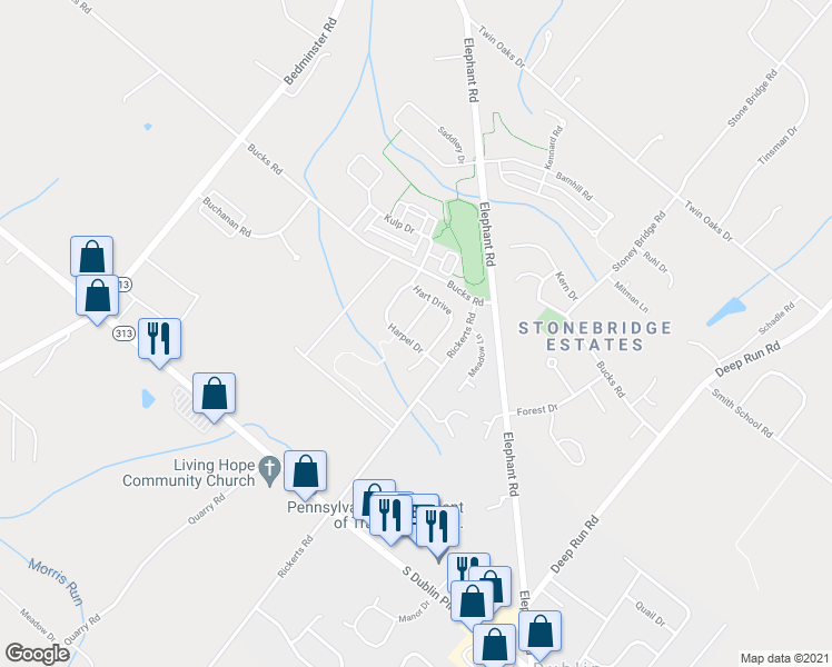 map of restaurants, bars, coffee shops, grocery stores, and more near 301 Cochrane Road in Perkasie