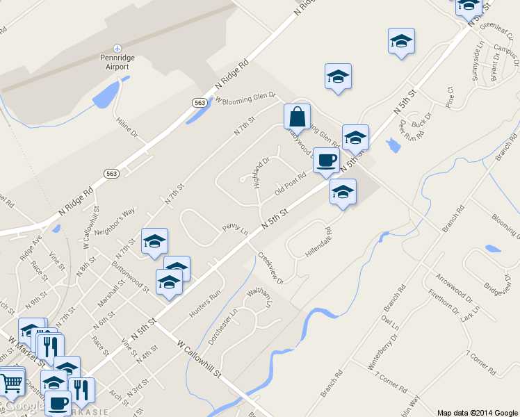 map of restaurants, bars, coffee shops, grocery stores, and more near 506 Highland Drive in Perkasie