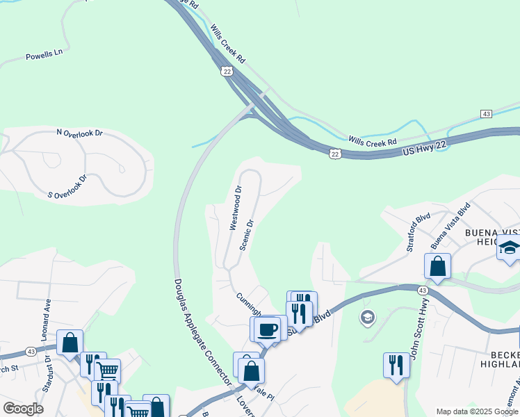 map of restaurants, bars, coffee shops, grocery stores, and more near 420 Scenic Drive in Steubenville