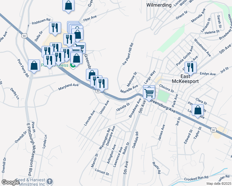 map of restaurants, bars, coffee shops, grocery stores, and more near 1340 Lincoln Highway in North Versailles