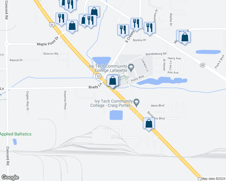map of restaurants, bars, coffee shops, grocery stores, and more near 1788 US Highway 52 South in Lafayette