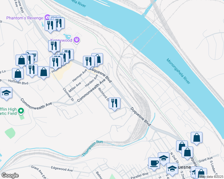 map of restaurants, bars, coffee shops, grocery stores, and more near 719 Duquesne Boulevard in Duquesne