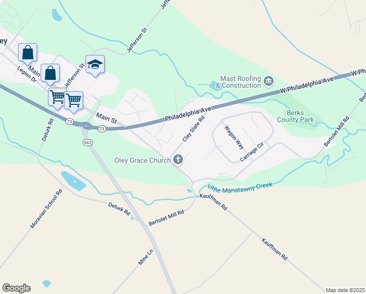 map of restaurants, bars, coffee shops, grocery stores, and more near 19 Clay Slate Road in Oley