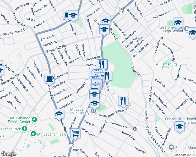 map of restaurants, bars, coffee shops, grocery stores, and more near 640 Washington Road in Pittsburgh