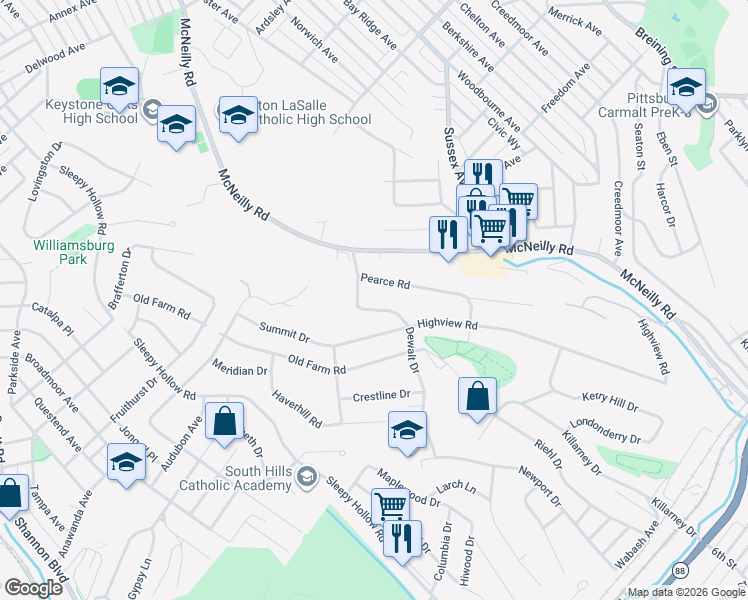 map of restaurants, bars, coffee shops, grocery stores, and more near 421 Dewalt Dr in Pittsburgh