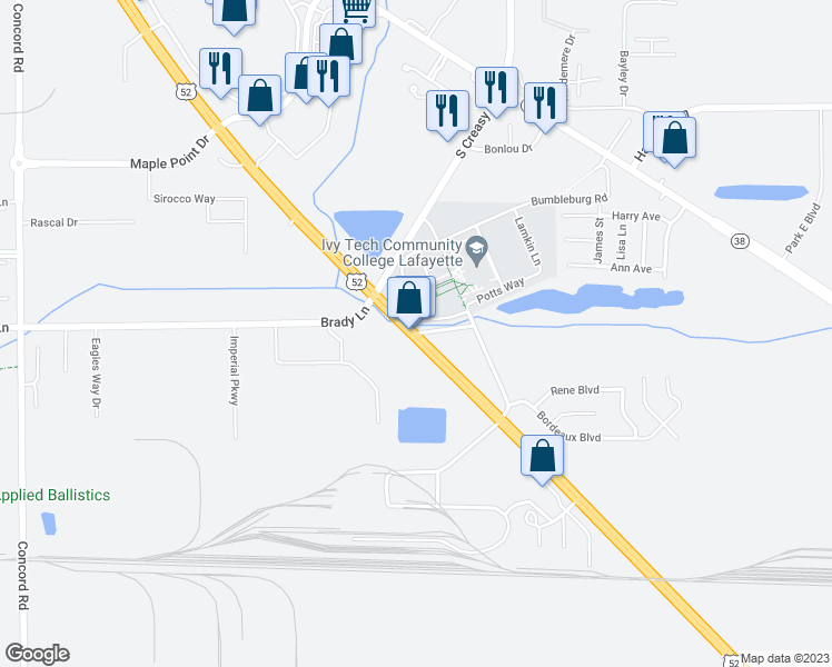 map of restaurants, bars, coffee shops, grocery stores, and more near 2263 US Highway 52 South in Lafayette