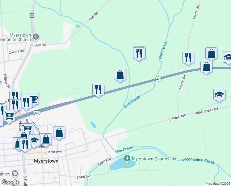 map of restaurants, bars, coffee shops, grocery stores, and more near 542 East Lincoln Avenue in Myerstown