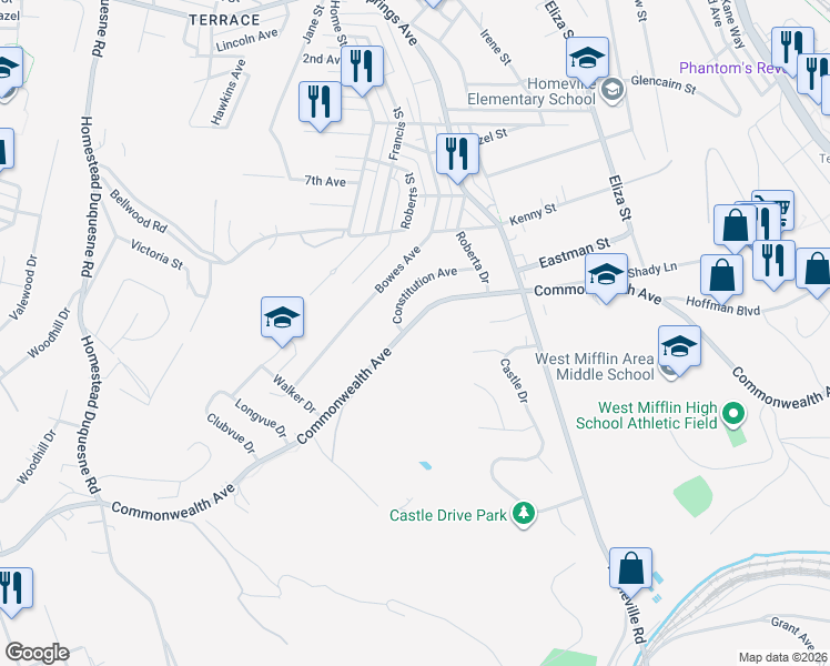 map of restaurants, bars, coffee shops, grocery stores, and more near 401 Commonwealth Avenue in West Mifflin