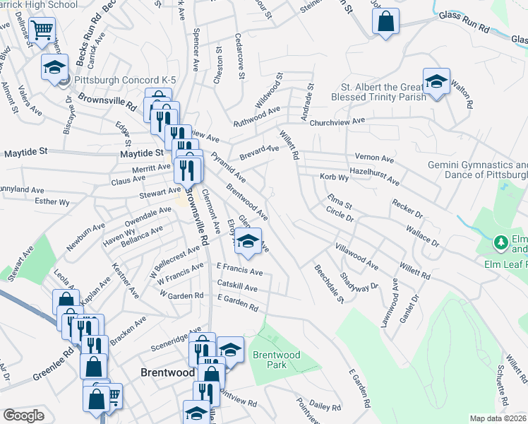 map of restaurants, bars, coffee shops, grocery stores, and more near 3042 Brentwood Avenue in Pittsburgh