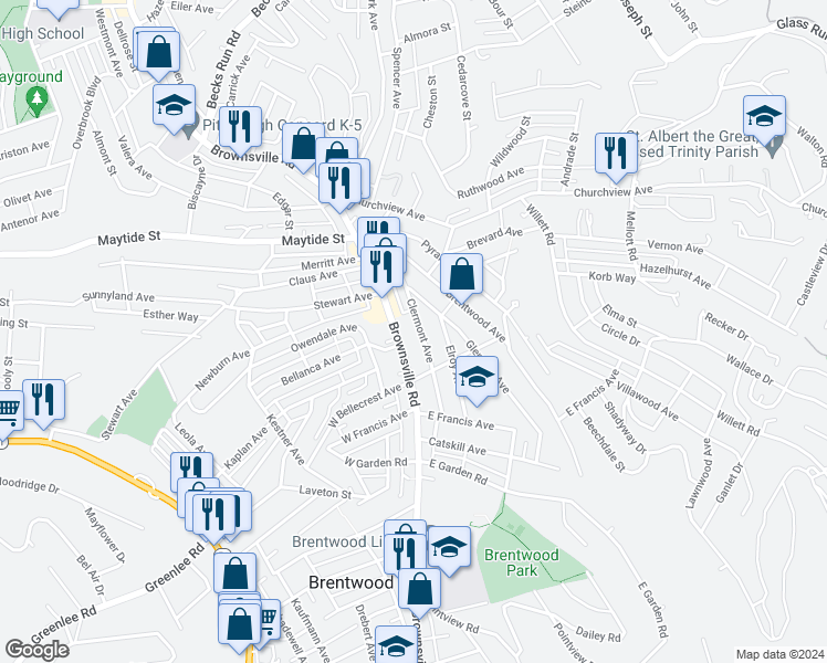 map of restaurants, bars, coffee shops, grocery stores, and more near 2936 Clermont Avenue in Pittsburgh