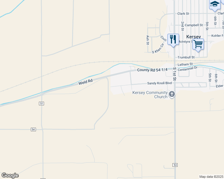 map of restaurants, bars, coffee shops, grocery stores, and more near 25554 Sandy Knoll Boulevard in Kersey