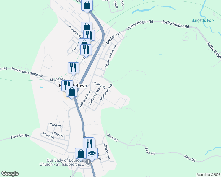 map of restaurants, bars, coffee shops, grocery stores, and more near 27 Hindman Avenue in Burgettstown