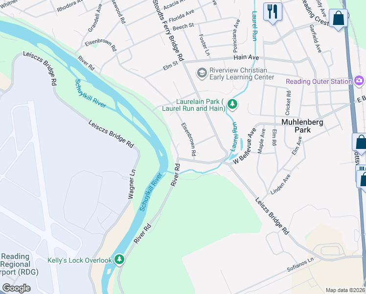 map of restaurants, bars, coffee shops, grocery stores, and more near 3101 River Road in Reading