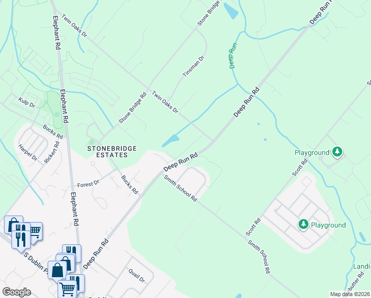 map of restaurants, bars, coffee shops, grocery stores, and more near 344 Deep Run Road in Perkasie