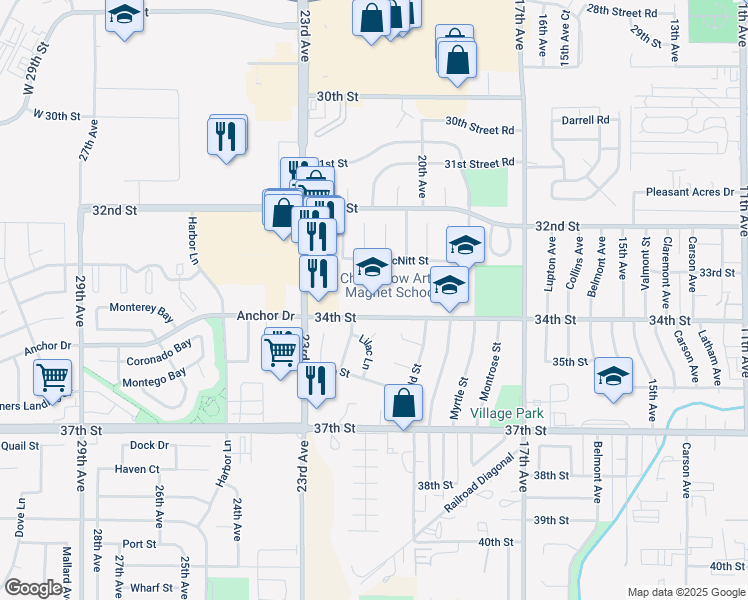 map of restaurants, bars, coffee shops, grocery stores, and more near 2201 34th Street in Evans