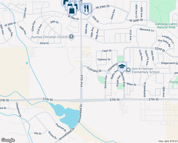 map of restaurants, bars, coffee shops, grocery stores, and more near 4670 Tuscany Street in Evans
