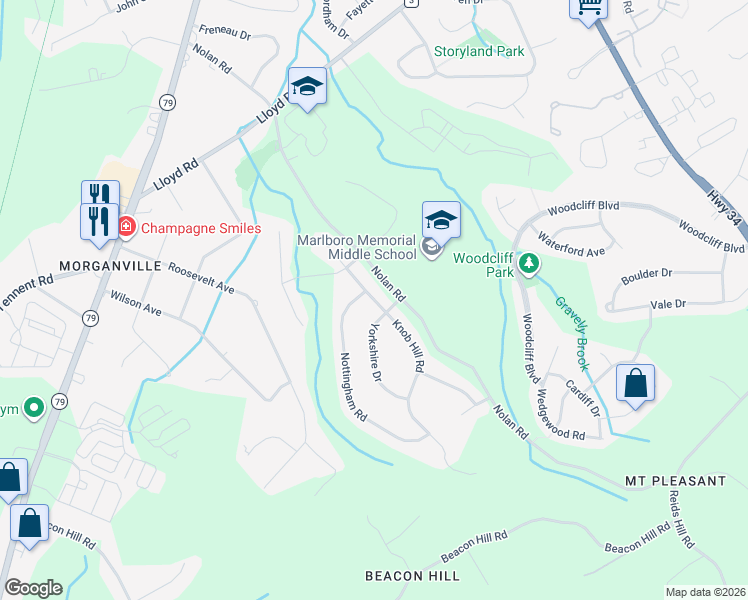 map of restaurants, bars, coffee shops, grocery stores, and more near 205 Nottingham Road in Marlboro Township