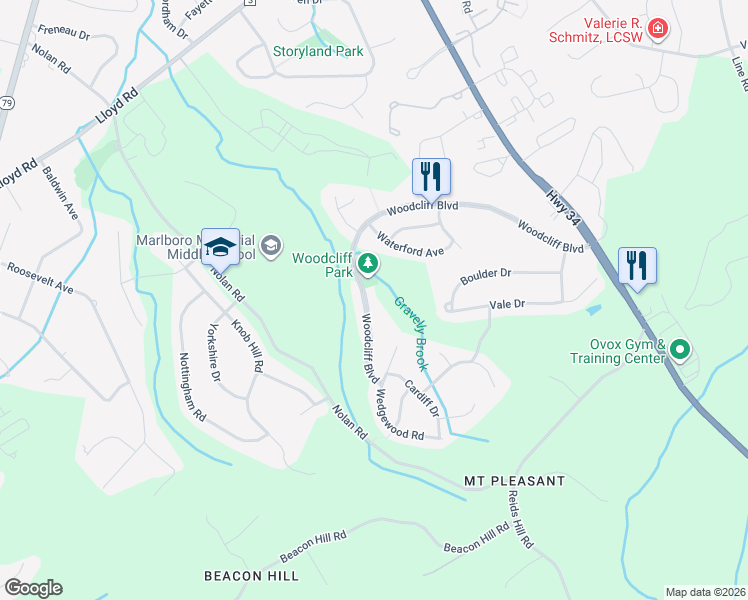 map of restaurants, bars, coffee shops, grocery stores, and more near 208 Woodcliff Boulevard in Marlboro Township