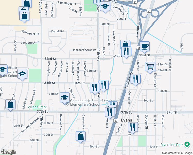map of restaurants, bars, coffee shops, grocery stores, and more near 3311 11th Avenue in Evans
