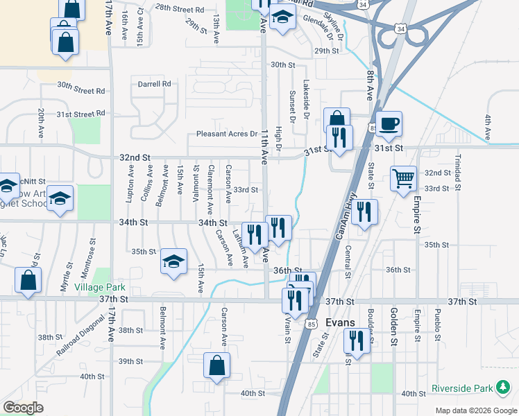 map of restaurants, bars, coffee shops, grocery stores, and more near 3311 11th Avenue in Evans