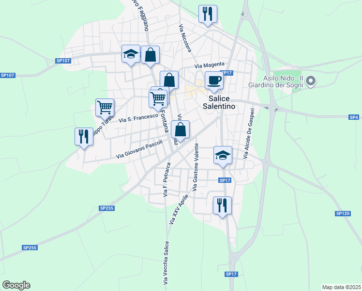 map of restaurants, bars, coffee shops, grocery stores, and more near 71 Via Benedetto Cairoli in Salice Salentino