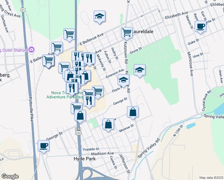 map of restaurants, bars, coffee shops, grocery stores, and more near 3128 McKently Street in Reading