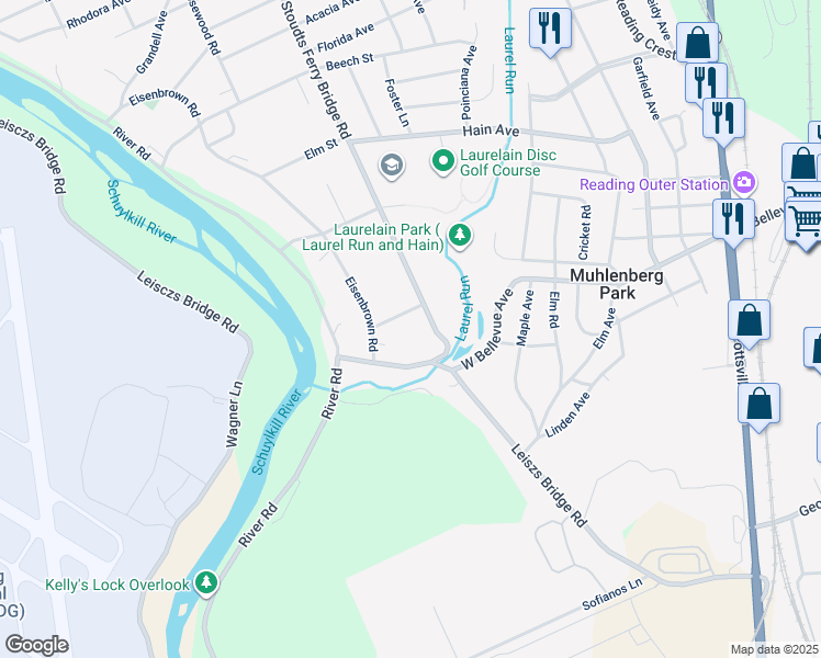 map of restaurants, bars, coffee shops, grocery stores, and more near 814 Birch Street in Reading